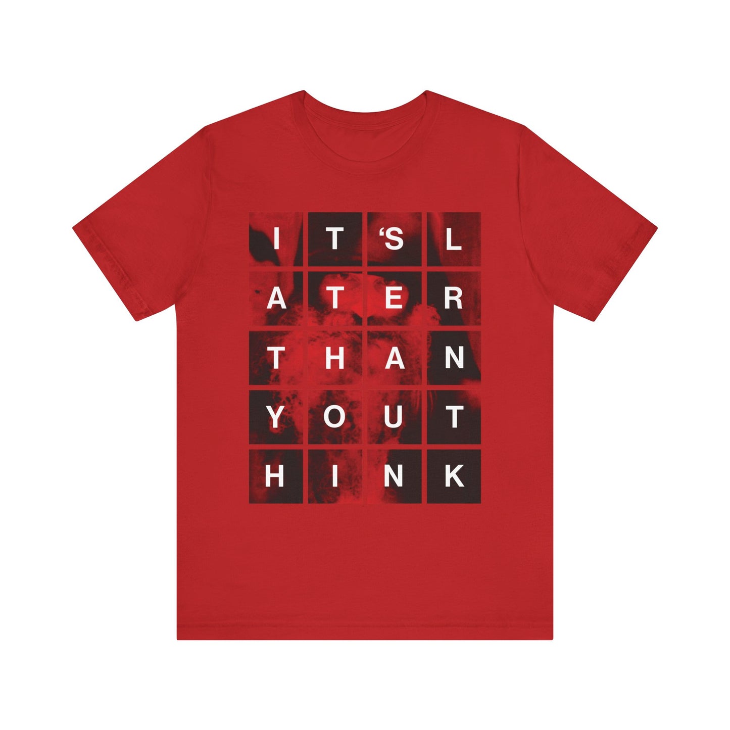 Show off your faith with the "It's Later Than You Think" Orthodox Christian lightweight cotton unisex tee in vibrant red, featuring a bold modern block design inspired by St. Seraphim Rose—a striking reminder to reflect on repentance and the nearness of the Kingdom of God.