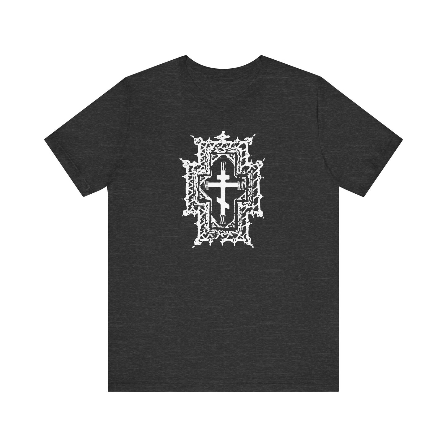 Dark Grey Heather unisex tee featuring a Gothic Cathedral Style Orthodox Cross and "ICXC NIKA | Jesus Christ Conquers," symbolizing healing by His wounds. Lightweight cotton for comfort.