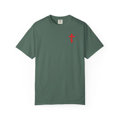 Blue Spruce heavyweight cotton unisex tee featuring a small red Orthodox cross printed on the front left chest, thoughtfully symbolizing the Incarnation and Resurrection in its minimalist design. The back showcases “O Death Where is Thy Victory?” with a striking cross-stabbing-skull graphic and bold yellow text.