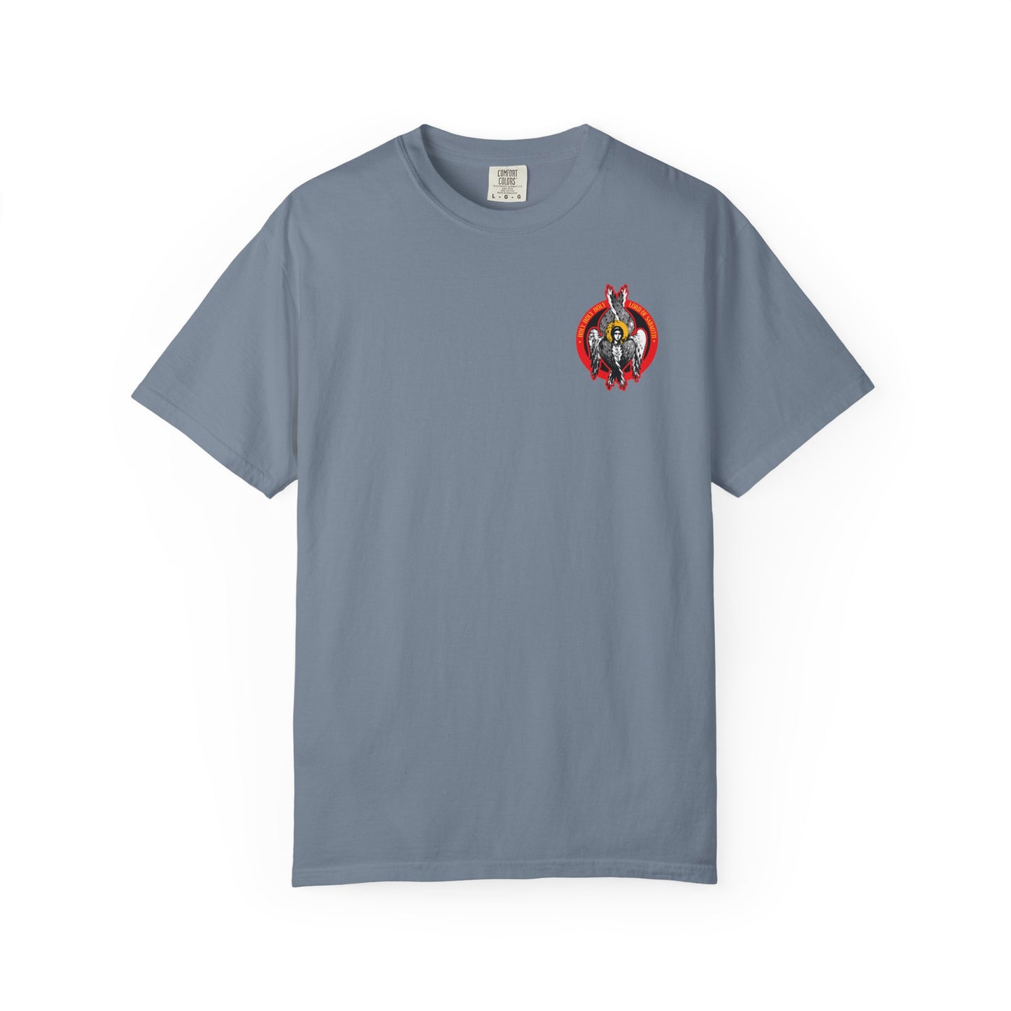 Blue Jean heavyweight cotton unisex tee featuring a small Seraphim Angel Icono-Graphic on the left chest, inspired by spiritual purity. "Holy Holy Holy" Divine Council design from Heavenly Hosts of God collection.