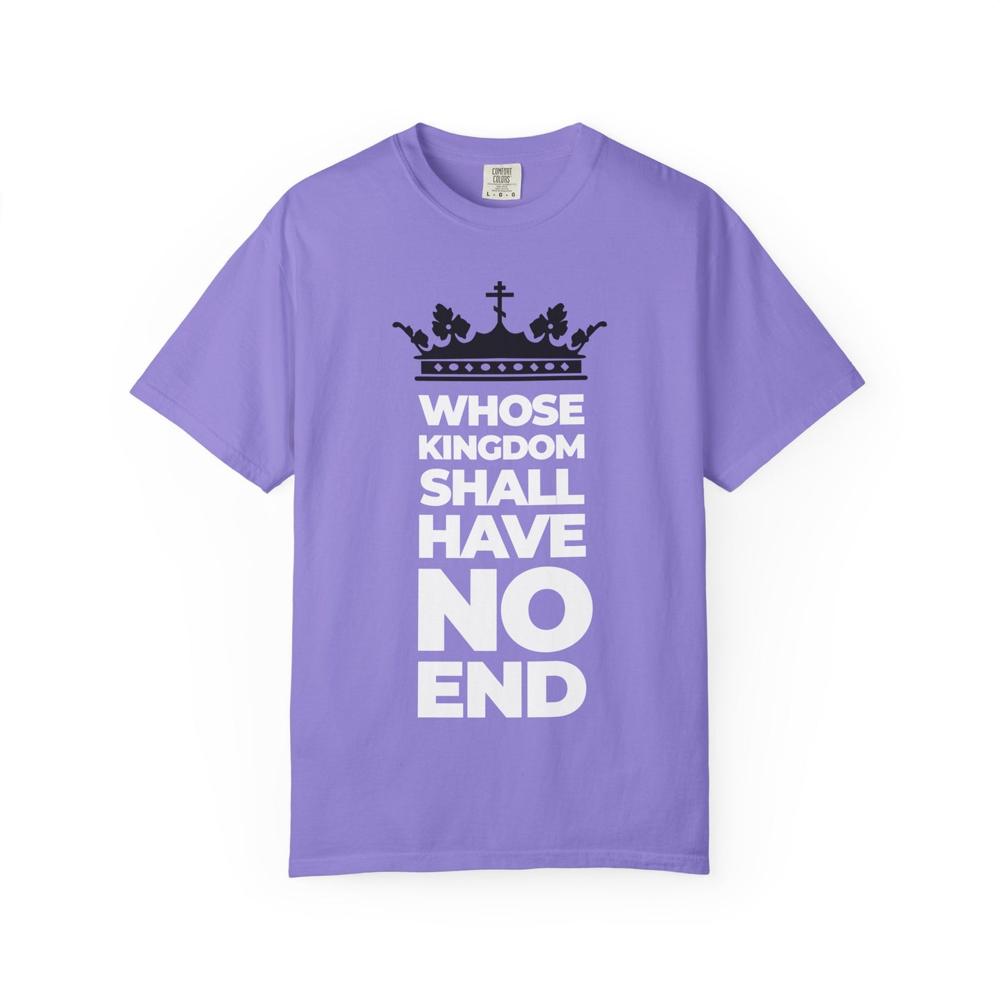 Experience the "Whose Kingdom Shall Have No End" heavyweight cotton unisex tee in violet, featuring a bold black crown and modern typography inspired by the Nicene Creed, symbolizing the everlasting dominion of the Son of Man and an unshakable kingdom.