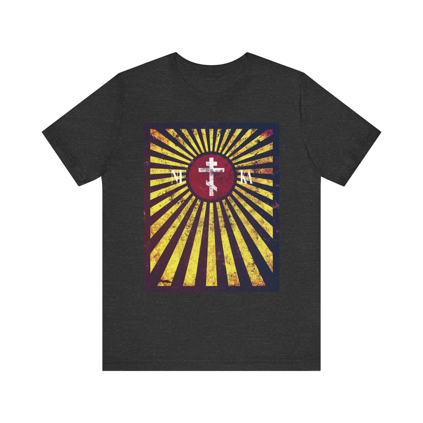 Dark Grey Heather t-shirt featuring the "NIKA Red Rising Sun Cross with Golden Rays" distressed textured flag design—a lightweight, unisex cotton shirt inspired by Orthodox Christian symbolism and the teachings of St Paisios of Mount Athos, representing the cross to bear on the ladder to Heaven.