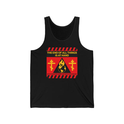 The End of All Things Is At Hand (1 Peter 4:7) | Striking Red and Yellow Street Sign Apocalyptic Aesthetic | Orthodox Christian Tank Top
