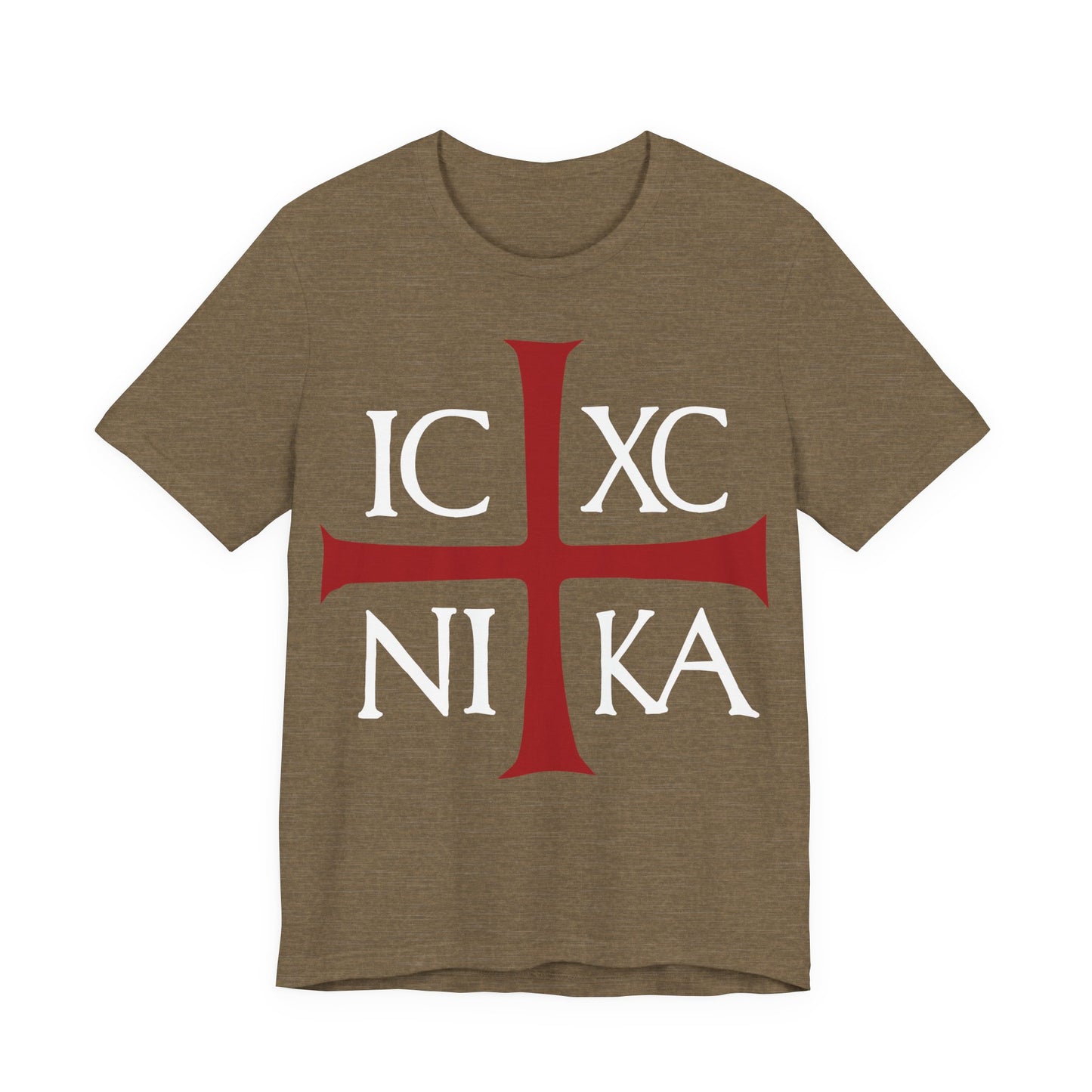 Heather Olive cotton t-shirt featuring a red cross and the ancient Byzantine Christogram "ICXC NIKA" (Jesus Christ Conquers) in white—an Orthodox Christian design inspired by Romans 8:31-39.