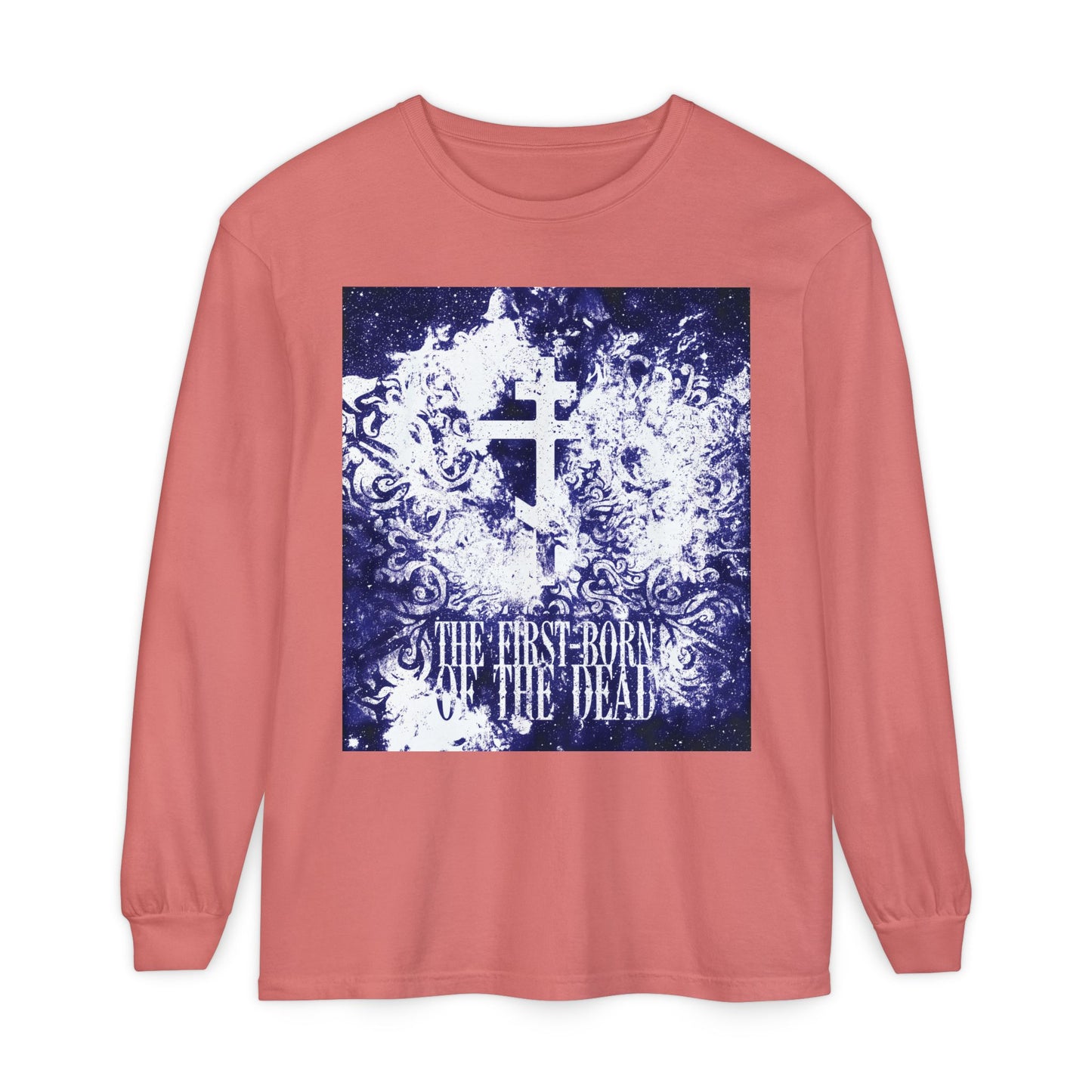 Watermelon long-sleeve cotton shirt featuring a glowing white & blue textured cosmic Orthodox cross and "The First-Born of the Dead" text, referencing Jesus Christ, resurrection, and the apocalypse.