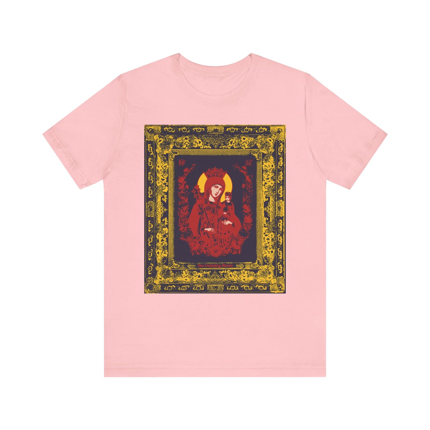 Unfading Bloom Ornate Theotokos Iconographic pink lightweight cotton unisex tee featuring a graphic of Mary, the Mother of God, depicted as a crowned woman in red and adorned with a gold and black decorative border inspired by Orthodox Akathist hymnals.