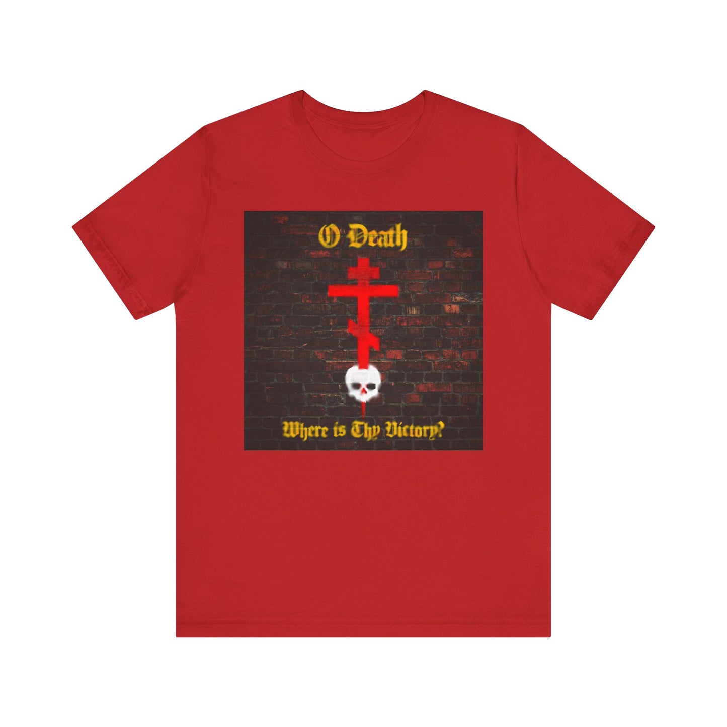 Red “O Death, Where is Thy Victory?” Orthodox Cross Stabbing Skull Brick Wall Graffiti Aesthetic Christian Lightweight Cotton Unisex T-Shirt featuring a white skull pierced by a red cross and text referencing the sting of death, displayed against a brick wall background.