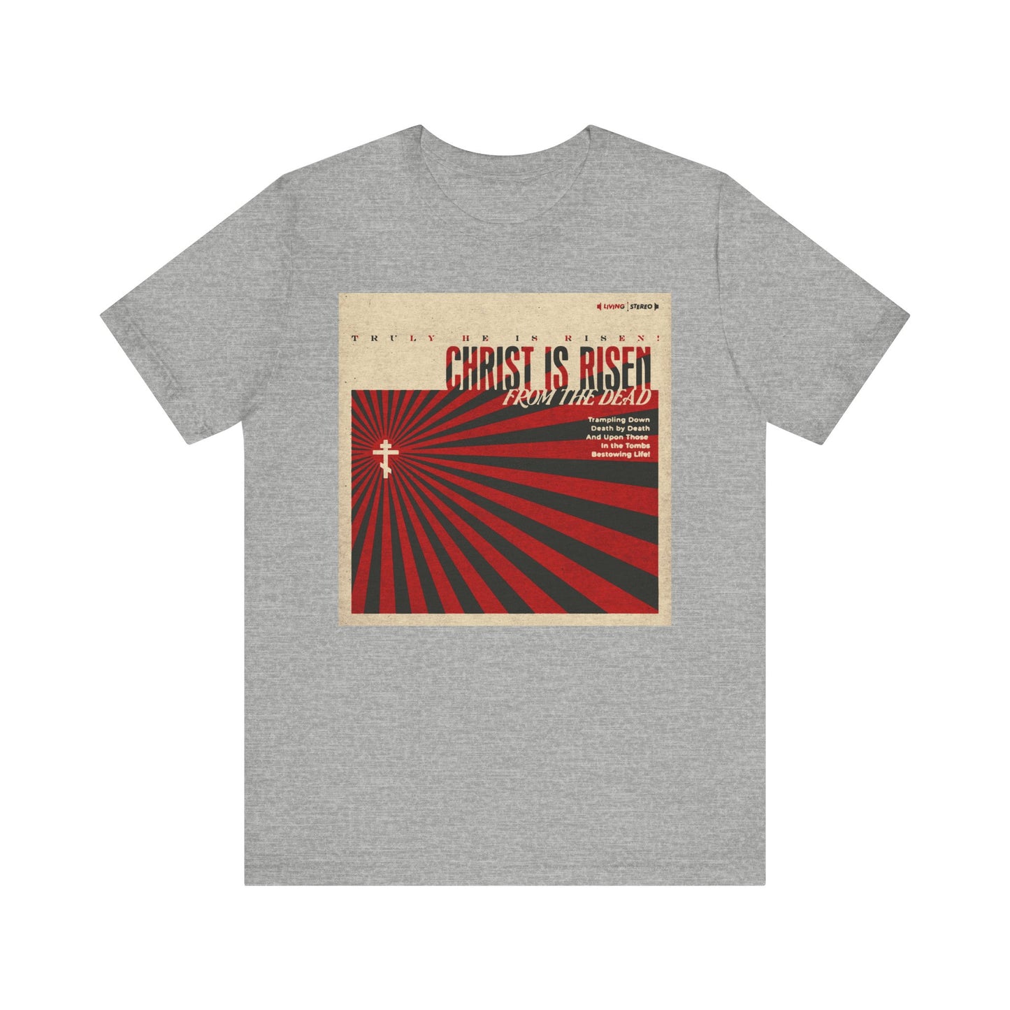 Athletic Heather tee featuring a retro LP cover design with "Christ is Risen from the Dead" Paschal Troparion—Orthodox Christian unisex lightweight cotton shirt celebrating victory over death.