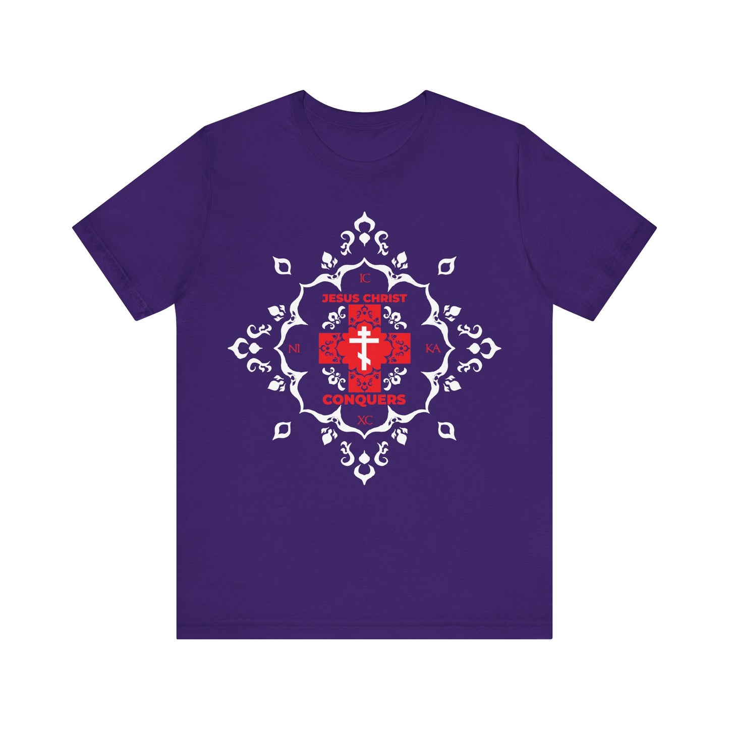 Team Purple "ICXC NIKA Means Jesus Christ Conquers" T-shirt features a white Orthodox cross, red modern font, and medieval filigree—symbolizing victory over sin and inspired by St. John Chrysostom’s teachings.