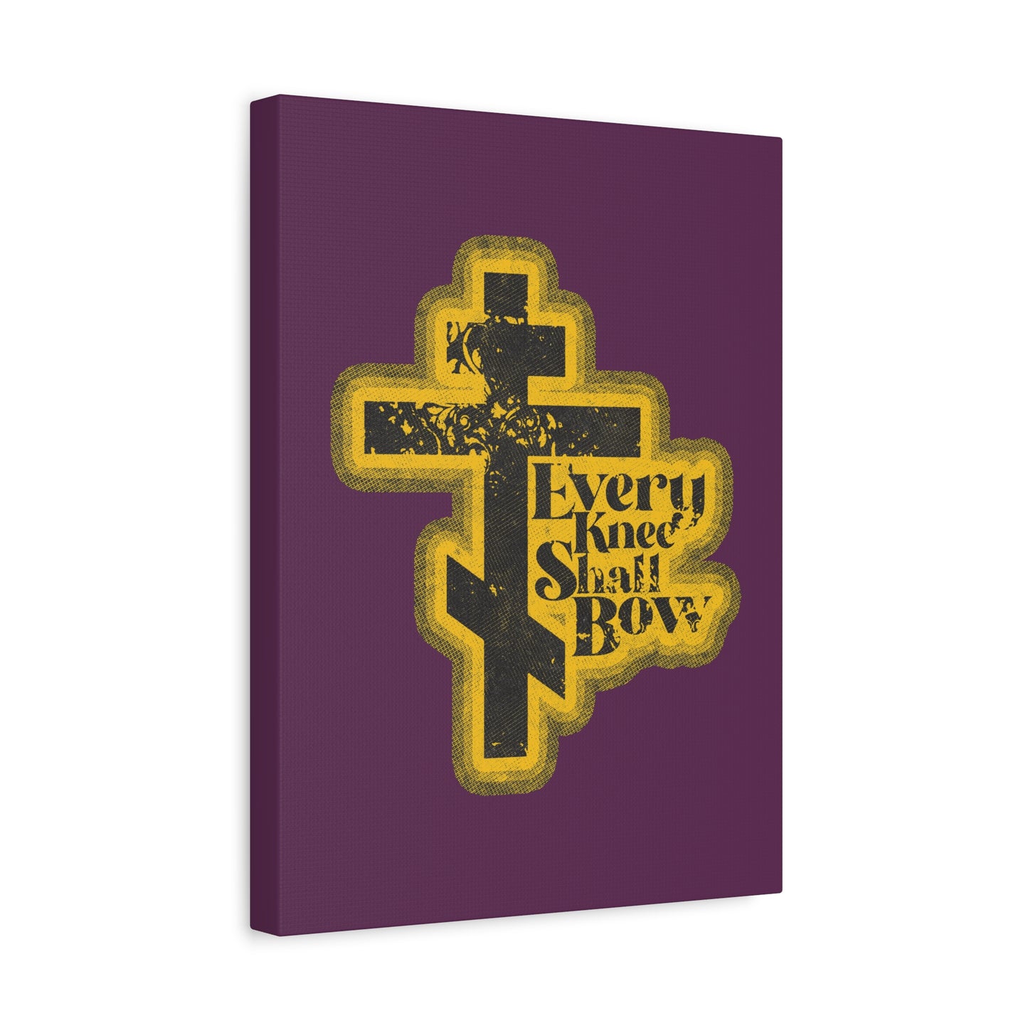 A yellow Orthodox cross with “Every Knee Shall Bow,” Philippians 2:10-11, and Isaiah 45:23 in a 70s distressed halftone comic book style on purple, Christian wall art.
