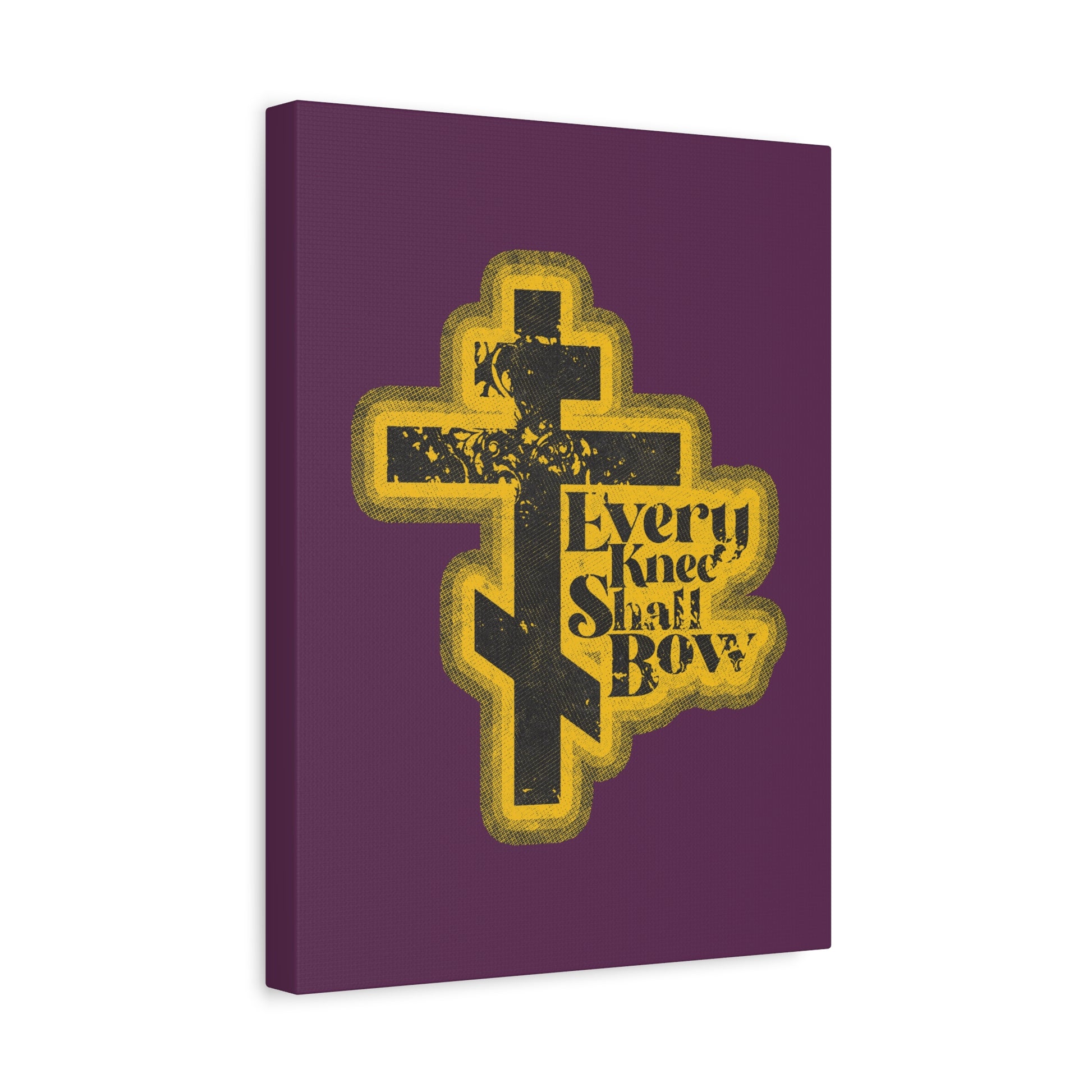 A yellow Orthodox cross with “Every Knee Shall Bow,” Philippians 2:10-11, and Isaiah 45:23 in a 70s distressed halftone comic book style on purple, Christian wall art.