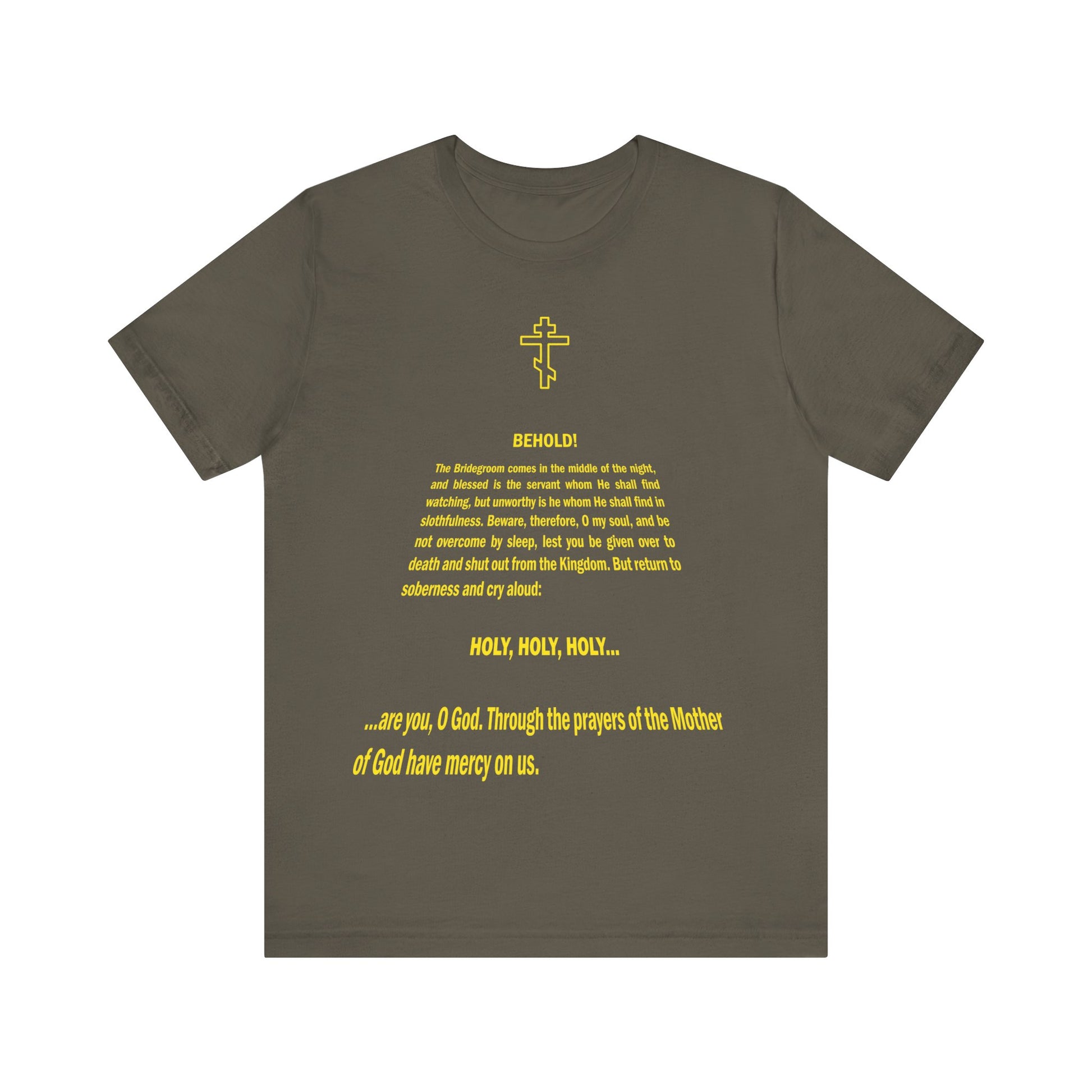 Army t-shirt featuring a yellow St@r W@rs title crawl-inspired Orthodox Christian design, "Behold the Bridegroom," printed with religious text, centered on the front. Lightweight cotton, unisex fit.