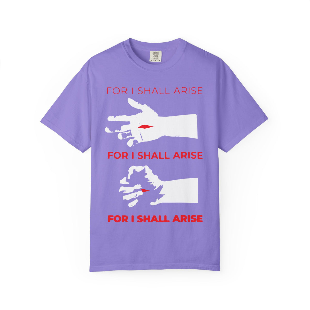 Violet “For I Shall Arise (Canon of Holy Saturday)” unisex heavyweight cotton T-shirt, featuring a crucified Christ’s hand clenching with three white hands, red marks, and the text FOR I SHALL ARISE in red and white—an artistic tribute inspired by the Ode 9 Irmos from the Orthodox Canon of Holy Saturday.