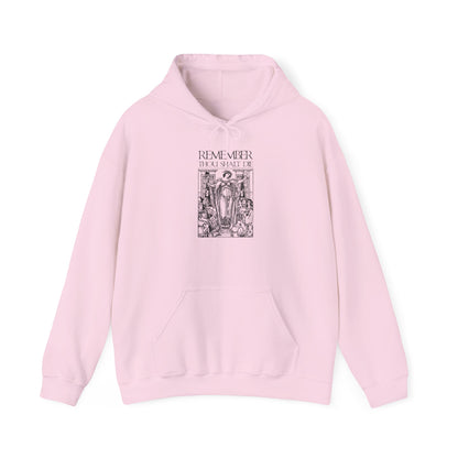 Light pink Orthodox Christian hoodie featuring a classic woodcut illustration and Shakespearean-inspired “Remember You Will Die” text on the front, embodying a memento mori aesthetic that encourages mindful reflection.