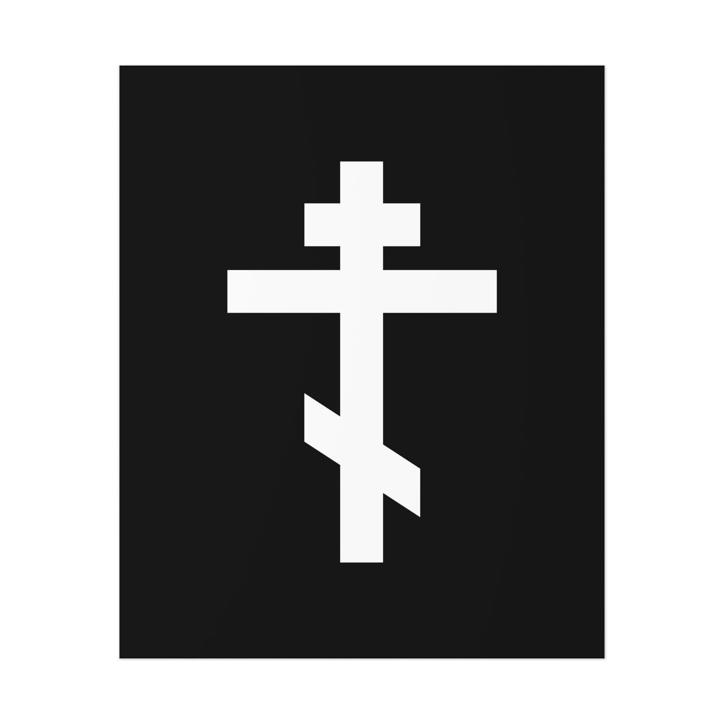 White Orthodox Cross on Black Background | With our voices let us shout and magnify the Precious Cross in hymns | Christian Art Poster