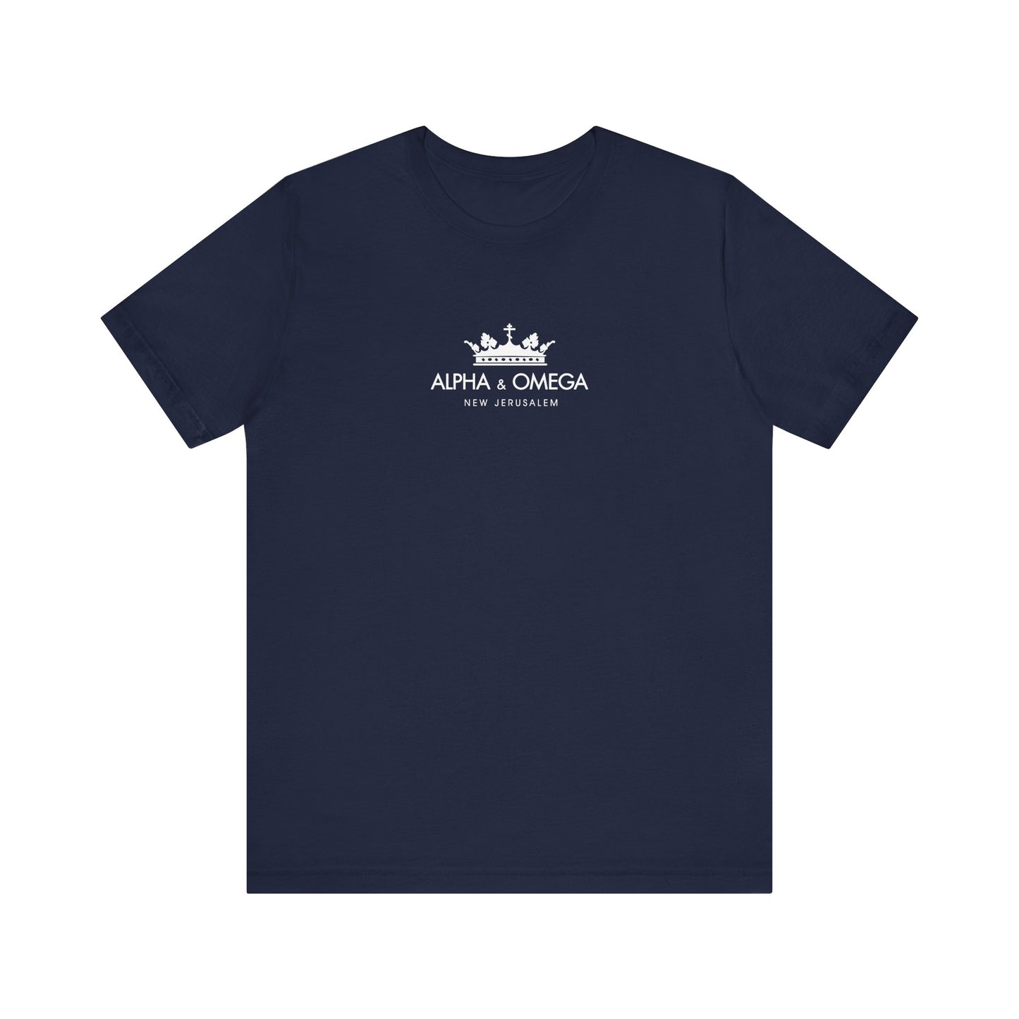 Navy Alpha & Omega New Jerusalem Crown with Orthodox Cross t-shirt, featuring Revelation and Second Coming themes, inspired by Christ the Eternal Tao. Lightweight cotton, unisex fit.