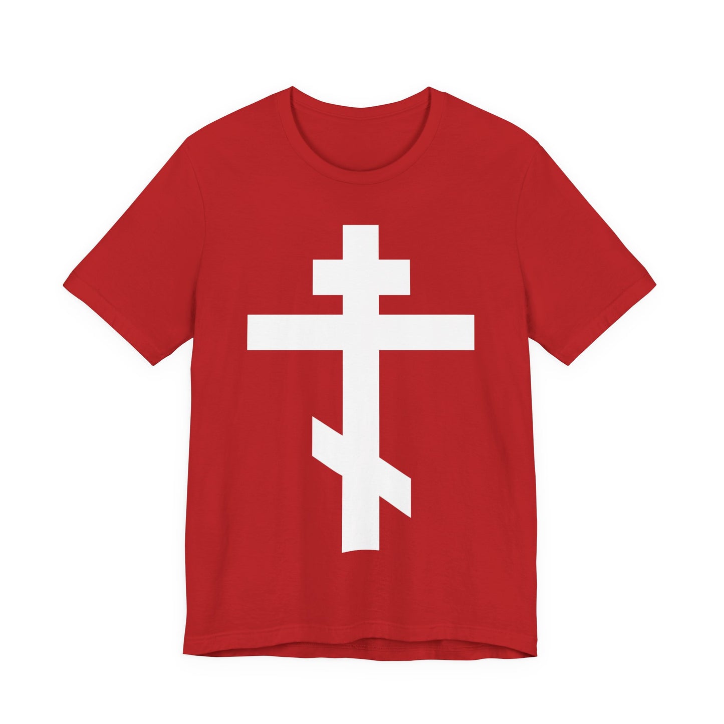 Red unisex tee featuring a large white Orthodox cross and the message “May I never boast, except in the cross of our Lord Jesus Christ” (Gal 6:14), a meaningful symbol for Orthodox Christians.