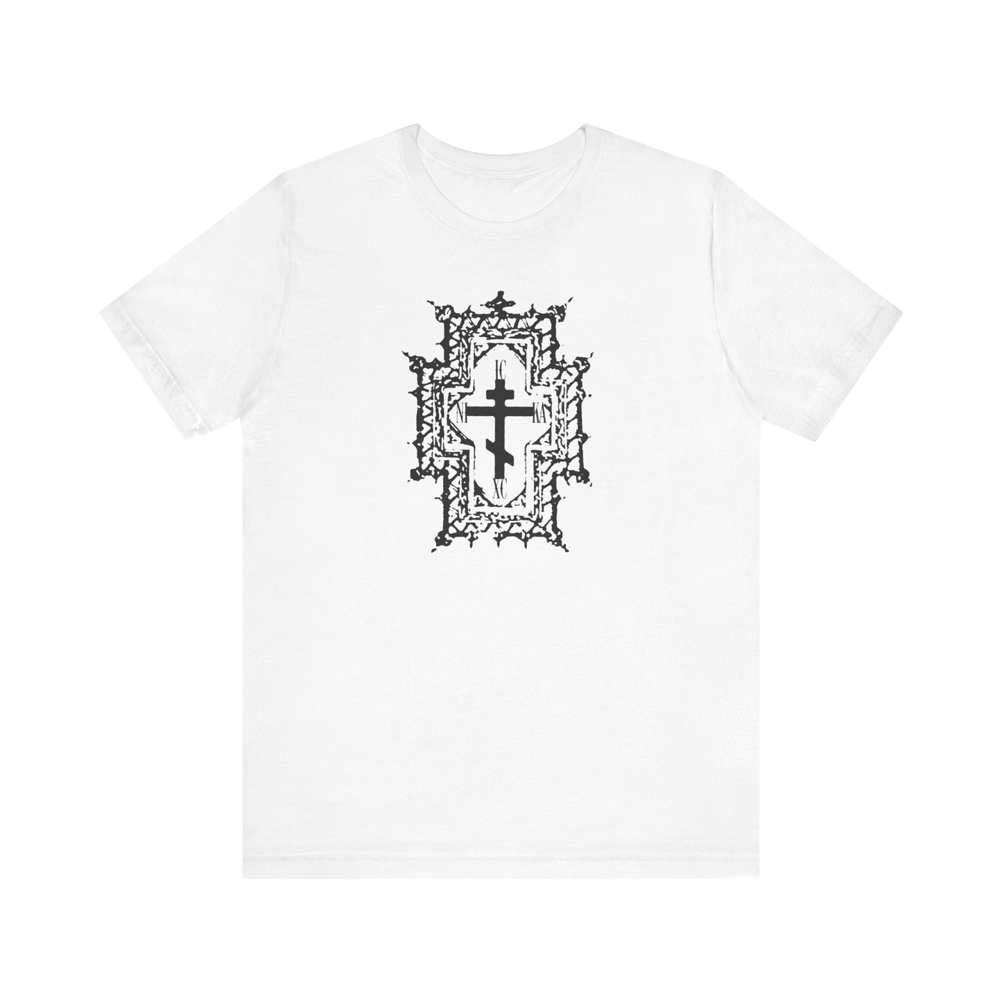 White ICXC NIKA tee in lightweight cotton features a Gothic Cathedral Style Orthodox Cross with ornate black patterns, symbolizing "Healed By His Wounds" and Jesus Christ’s victory. Unisex fit.