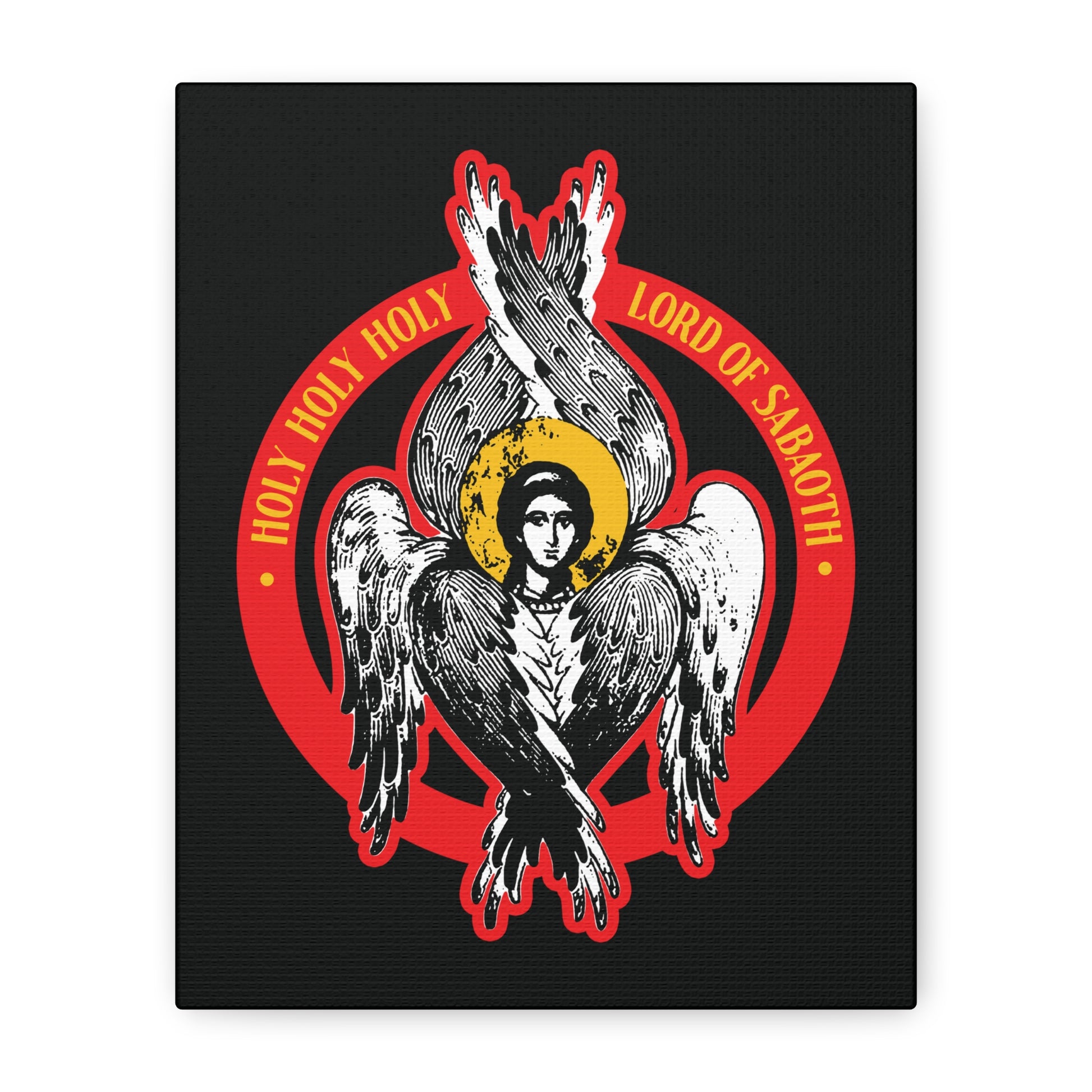Holy Holy Holy, Lord of Sabaoth | Orthodox Seraphim Angel IconoGraphic features a six-winged angel with halo and human face from Isaiah 6, surrounded by “Holy Holy Holy Lord of hosts.” Unique Christian wall art.