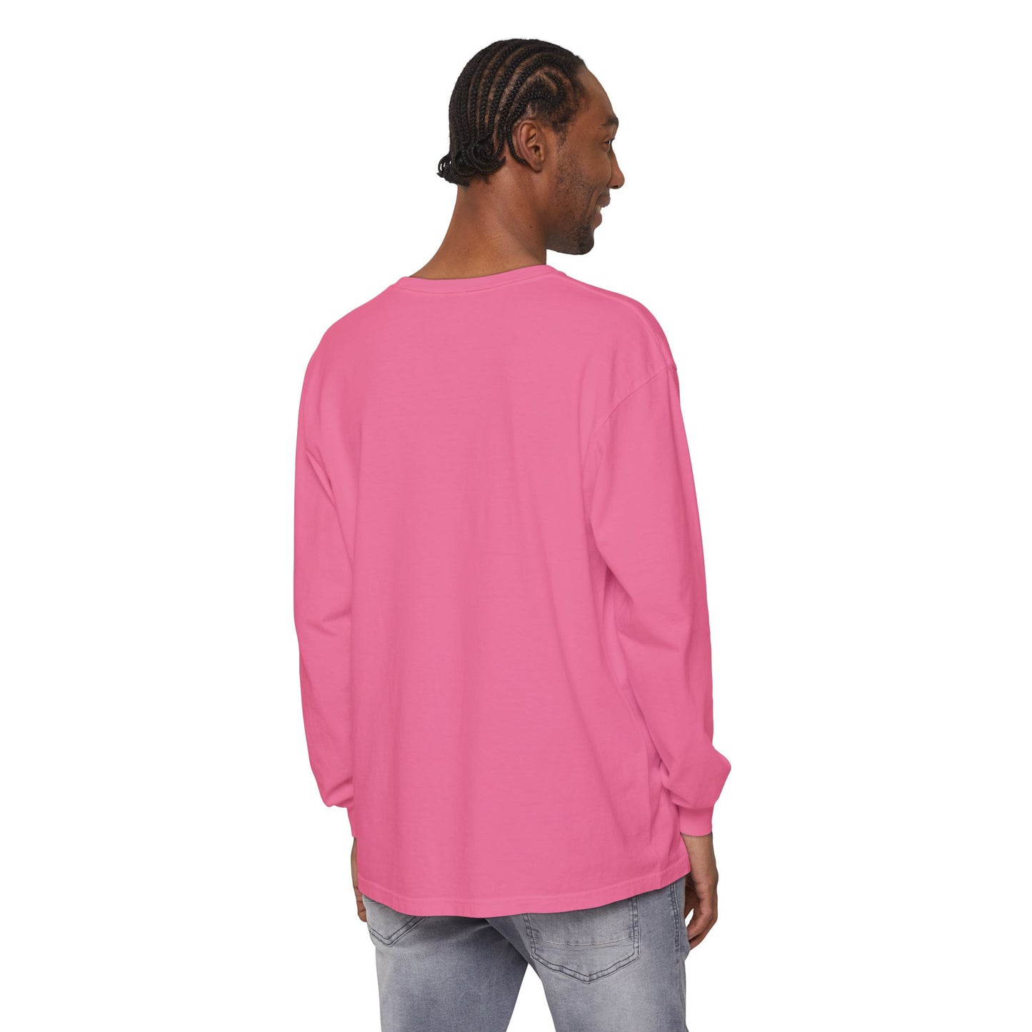 Man with braided hair in the Orthodox Long Sleeve Shirt featuring a white Orthodox Cross and Gal 6:14, facing away on a white background—his posture subtly evoking the shape of a cross.