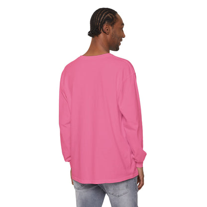 Man with braided hair in the Orthodox Long Sleeve Shirt featuring a white Orthodox Cross and Gal 6:14, facing away on a white background—his posture subtly evoking the shape of a cross.