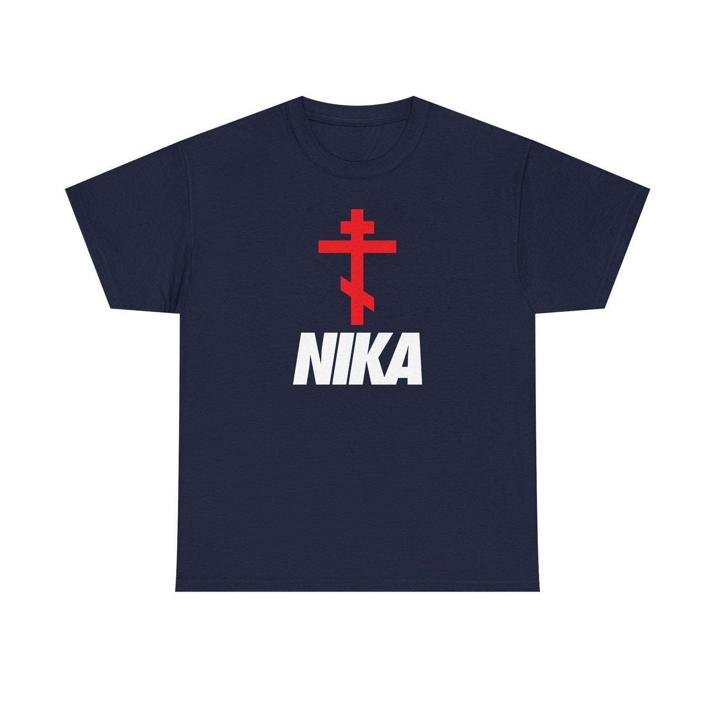 Navy Orthodox Cross with bold NIKA text T-shirt, featuring a minimalist athletic mashup design inspired by the NIKE logo. Christian heavy cotton fashion for ascetic style.