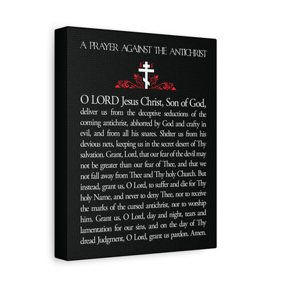 A black canvas wall art featuring "Prayer Against the Antichrist By Elder Anatoly the Younger of Optina," with a cross and red details above white text. Orthodox Christian decor from the Book of Revelation. Christ is King.