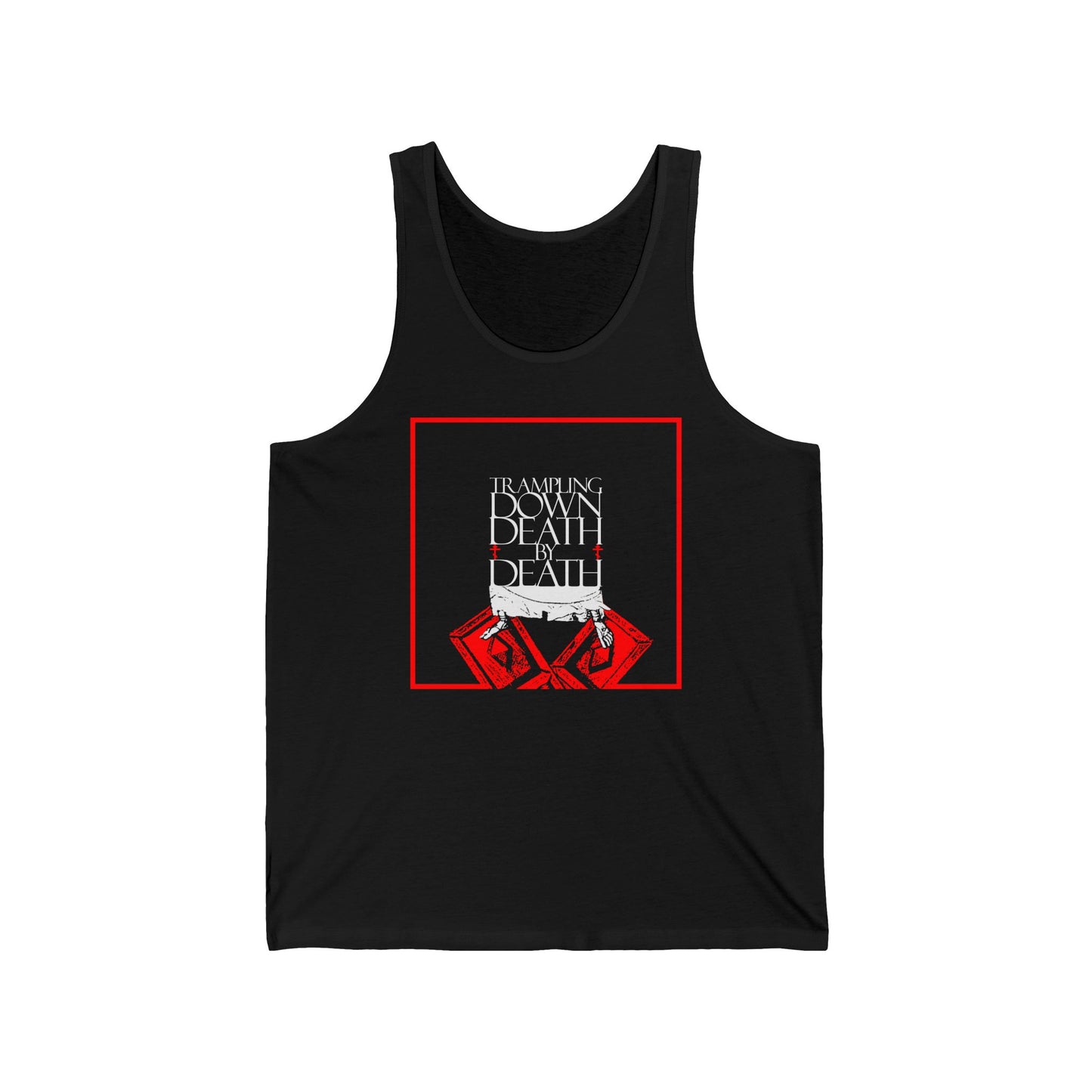 Black cotton tank top featuring an iconographic image of Jesus’ feet on the Gates of Hades and the text “Trampling Down Death By Death,” symbolizing resurrection and Orthodox Christian faith.