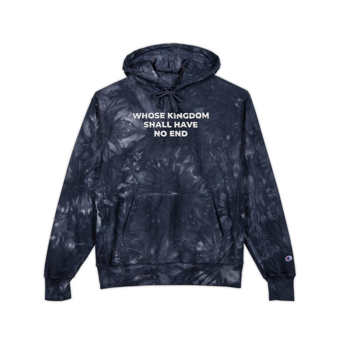 The “Whose Kingdom Shall Have No End” Navy Tie-Dye Embroidered Heavy Hoodie features the Nicene Creed phrase on the chest, blending Orthodox premium streetwear style with a core Christian belief from Apostolic tradition.