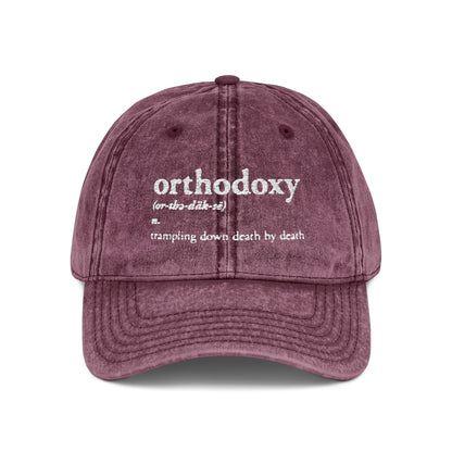 Orthodoxy Definition: Trampling Down Death By Death | Christ is King | Memento Mori | Pascha | Minimalist Christian Distressed Embroidered Cap