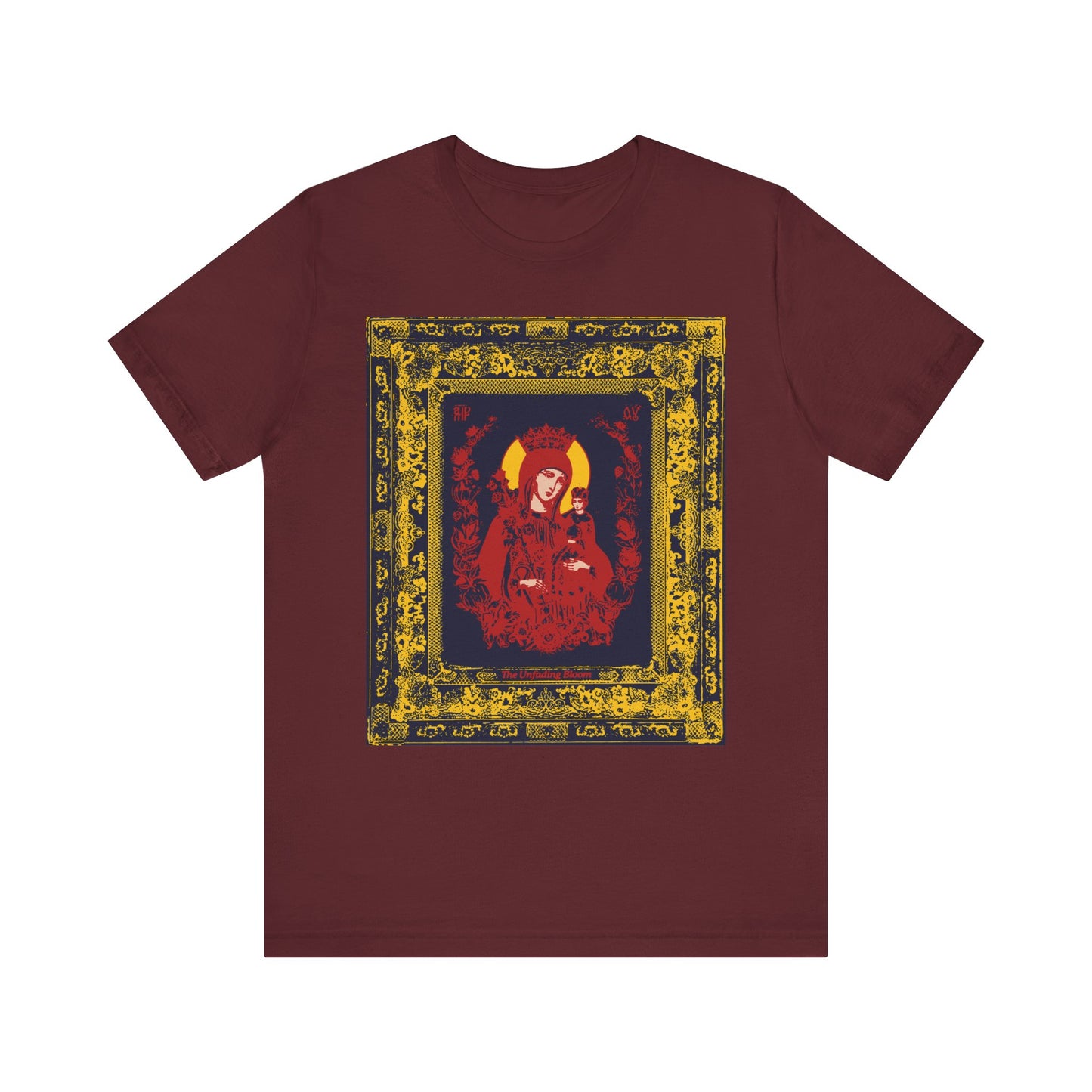 Maroon lightweight cotton unisex t-shirt featuring the "Unfading Bloom Ornate Theotokos Iconographic" design—a framed illustration of Mary, the crowned Mother of God with a halo, depicted in red and surrounded by fragrant flowers.