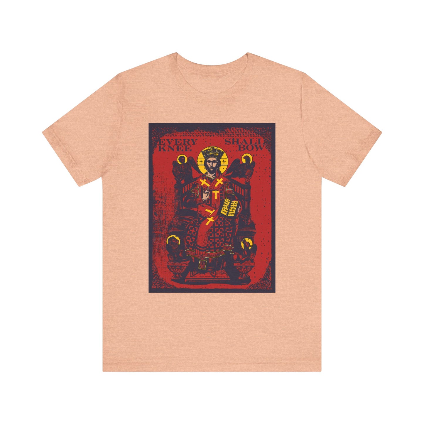 Heather Peach lightweight cotton unisex t-shirt featuring a crowned figure and “Every knee shall bow.” Inspired by Philippians 2:8-11 & Isaiah 45:23, this Christ Enthroned IconoGraphic nods to Ezekiel’s Chariot—proclaiming Jesus Christ is Lord.