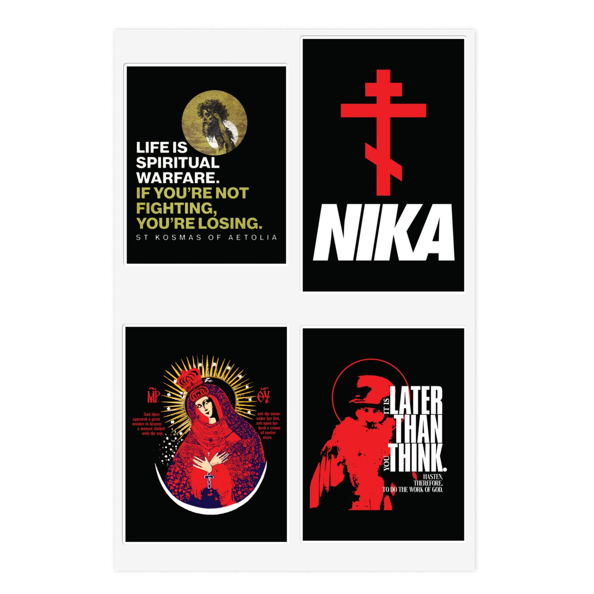 Bestseller Orthodox Sticker Mix No. 5 features NIKA Cross, Seraphim Rose, Life is Spiritual Warfare & Theotokos.