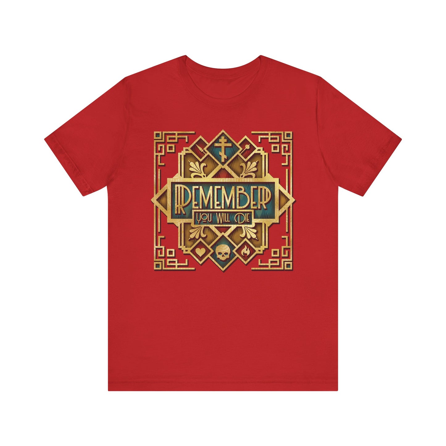 Red “Remember You Will Die Classic Metallic Art Deco Design” Orthodox Christian Lightweight Cotton Unisex T-Shirt featuring an ornate gold frame, skull and cross motifs, and bold text—an eye-catching design inspired by The Art of Salvation by Elder Ephraim that encourages reflection on mortality through the lens of eternal life.