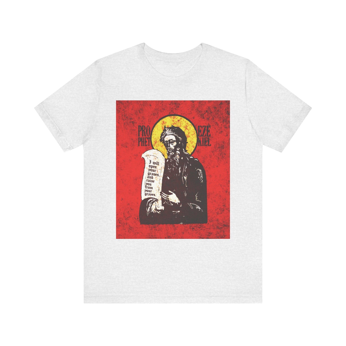 Ash-colored unisex tee featuring the "Prophet Ezekiel IconoGraphic"—a textured, high-contrast design in bright red and yellow, displaying a bearded figure with a scroll that evokes the breath of life and the inspiring presence of the Spirit of the Lord.