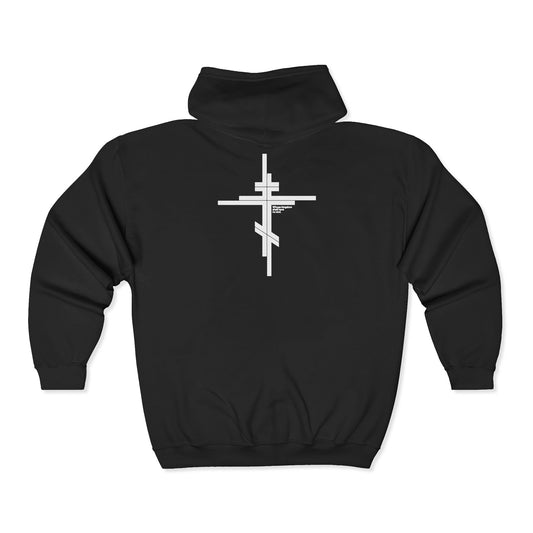 Whose Kingdom Shall Have No End BACK | Luke 1:32-33 | Orthodox Cross | Modernist Minimalist Logo Style | Orthodox Zipper Hoodie