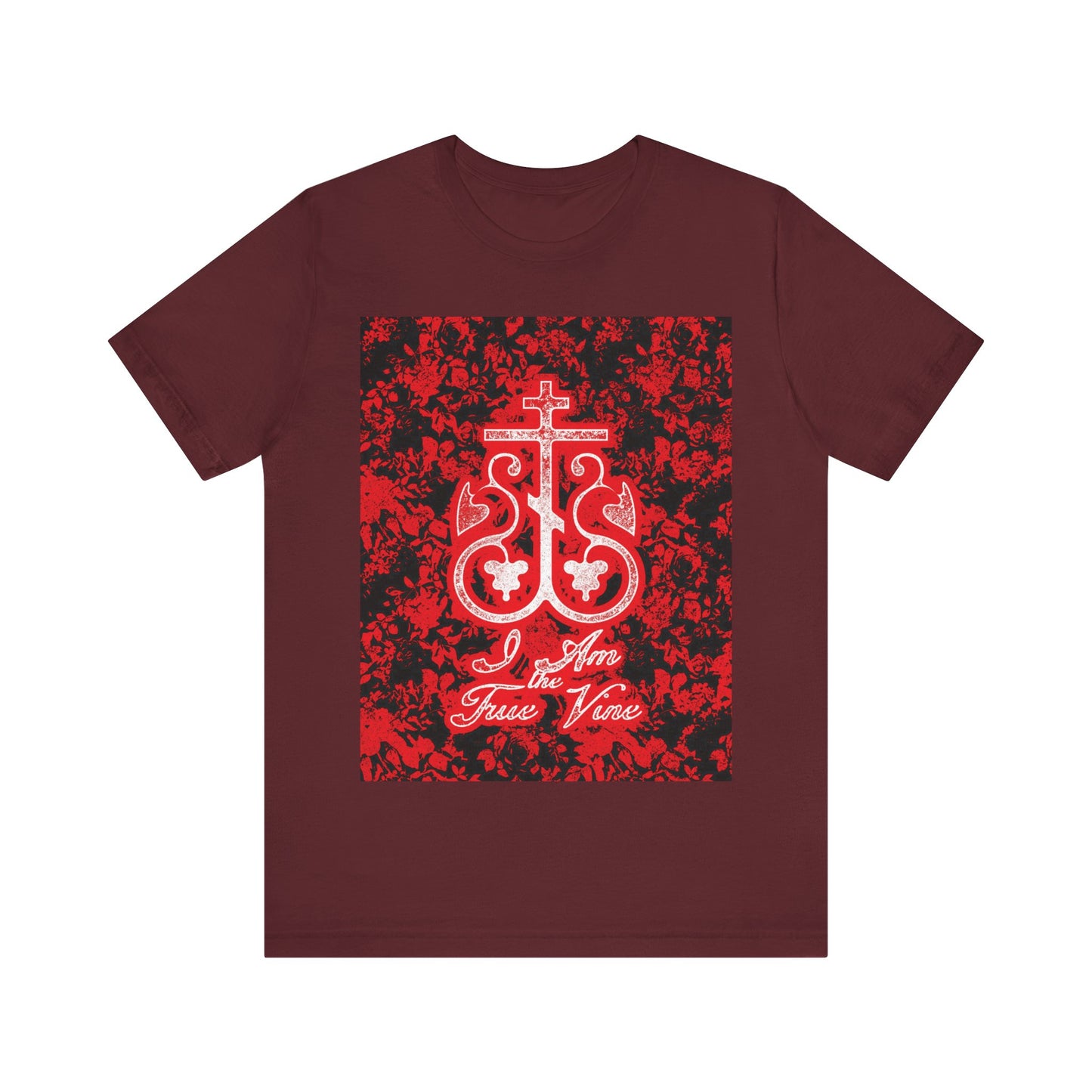 I Am the True Vine (John 15:1) | Orthodox Cross Vine Monogram | Red and Black Floral Design | Orthodox Christian T-Shirt