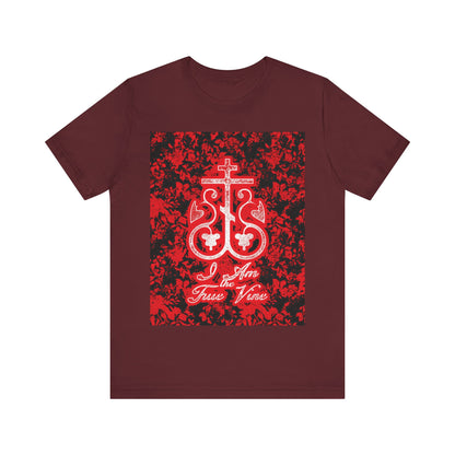 I Am the True Vine (John 15:1) | Orthodox Cross Vine Monogram | Red and Black Floral Design | Orthodox Christian T-Shirt