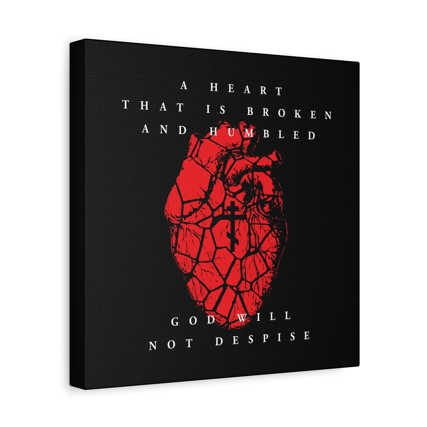 A Heart That is Broken and Humbled God Will Not Despise Christian Canvas Art features a cracked heart with an Orthodox Cross, inspired by Psalm 51’s prayer of repentance.