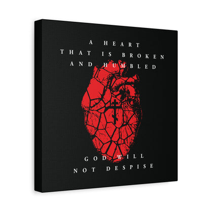 A Heart That is Broken and Humbled God Will Not Despise Christian Canvas Art features a cracked heart with an Orthodox Cross, inspired by Psalm 51’s prayer of repentance.