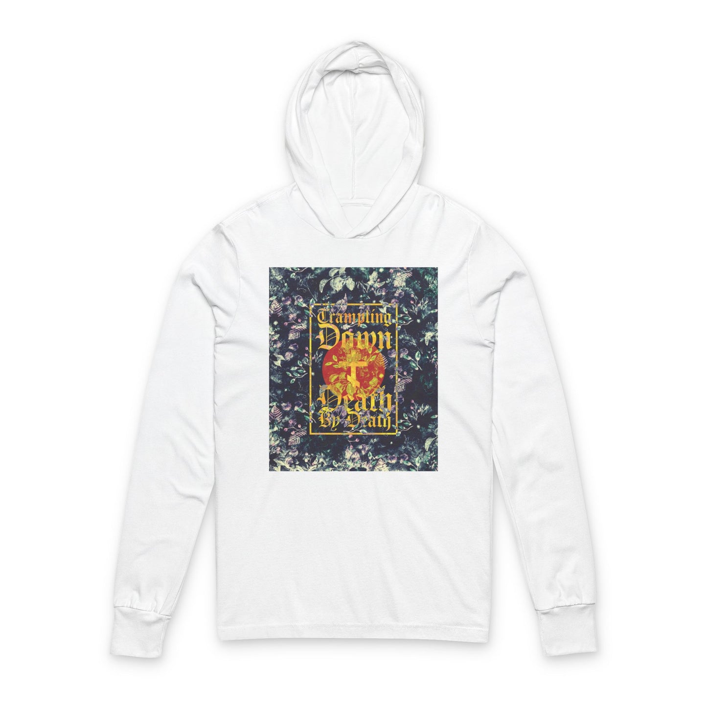Trampling Down Death By Death | Paschal Floral Design with Gothic Script and Three-Bar Cross | Orthodox Long Sleeve Hooded Shirt