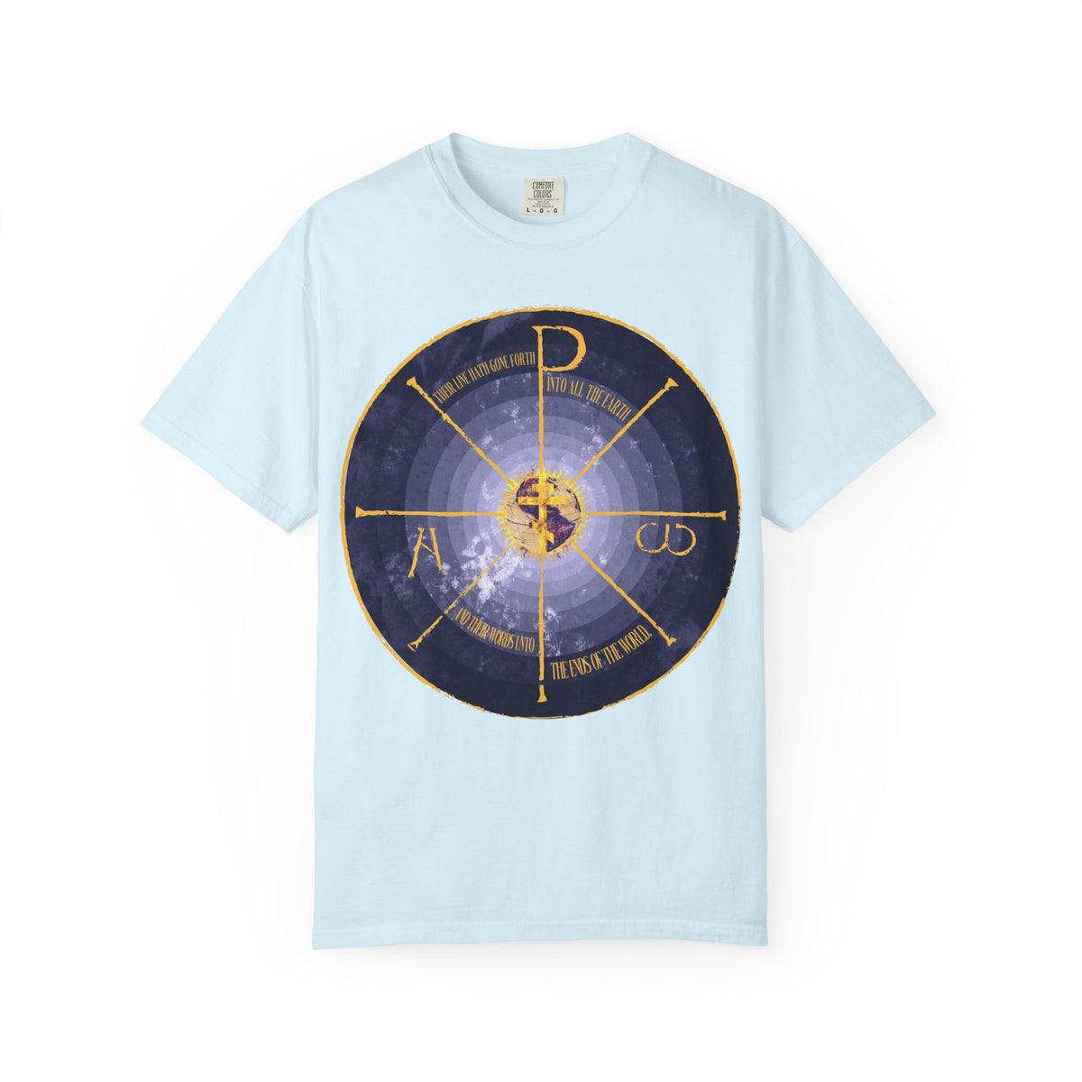 Chambray heavyweight cotton unisex tee featuring a medieval-style Geocentric Cross and Chi Rho central design in blue and yellow, accented with Alpha and Omega symbols—an Orthodox Christian graphic inspired by the traditional Christogram.