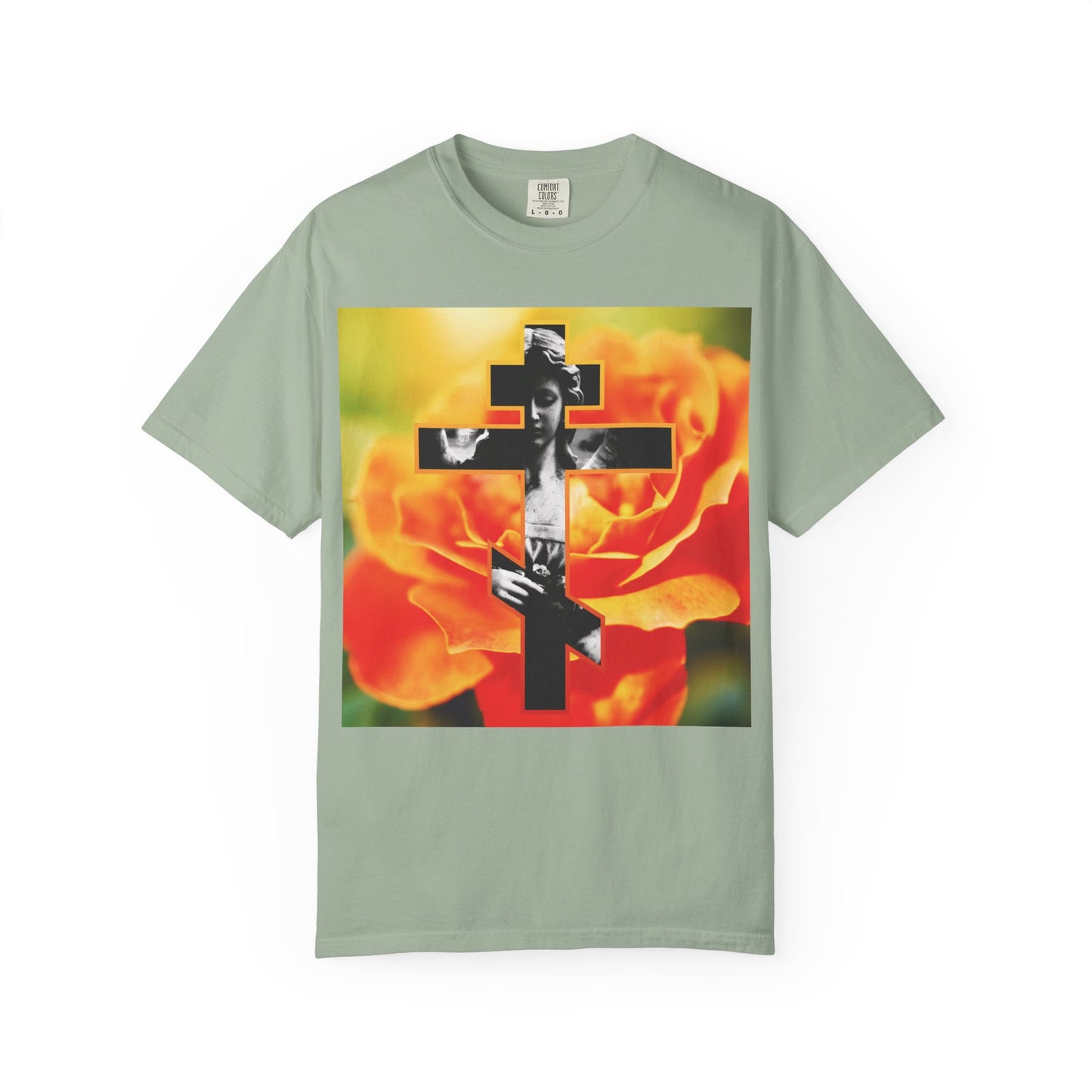 Bay-colored heavyweight cotton unisex tee featuring a photo of an orange rose with a black cross overlay and a grayscale cemetery statue angel, inspired by Galatians 6:14 and the Orthodox Christian theme of “Remember You Will Die” (Memento Mori), as spoken of by St Paul.