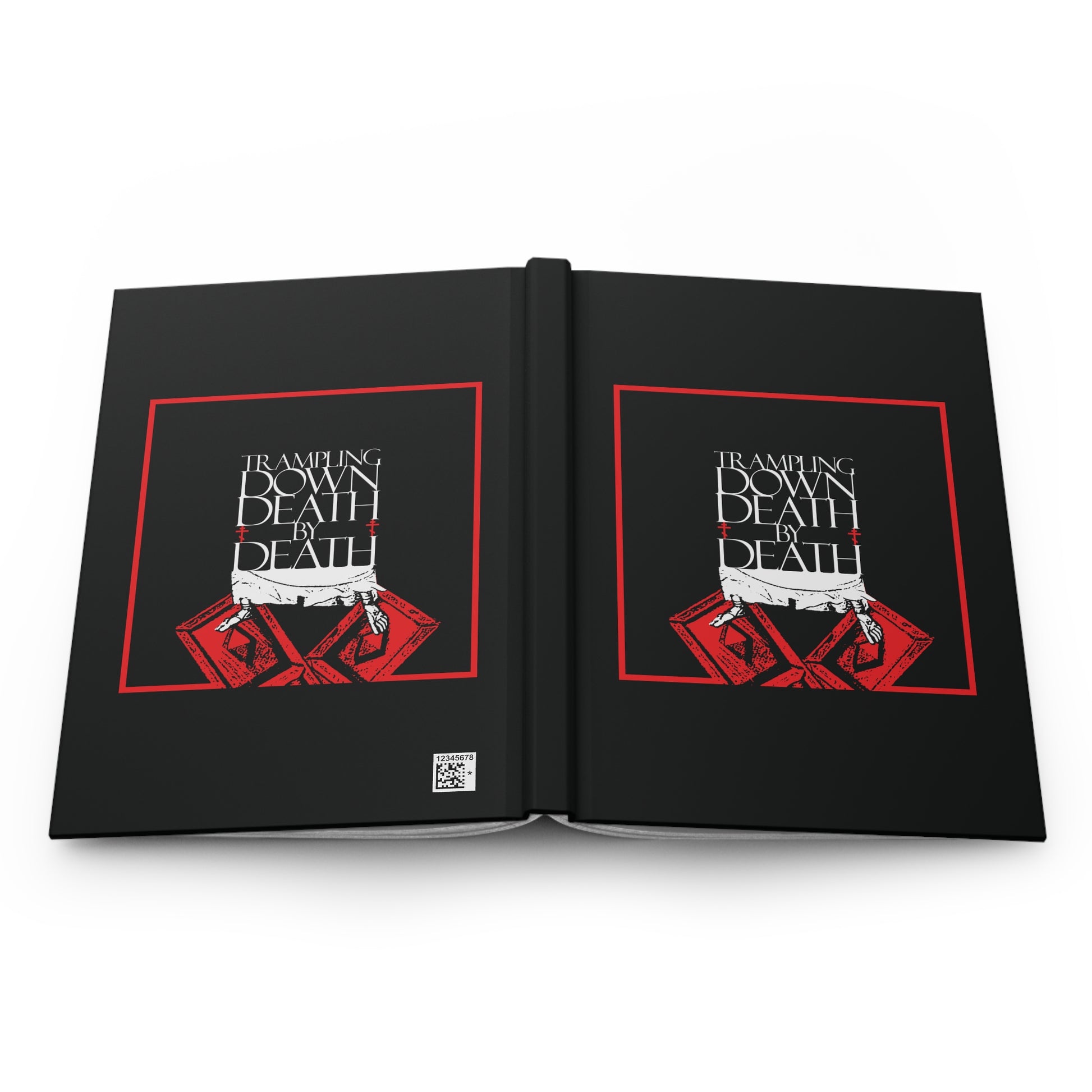 Black journal featuring red and white cover art with “Trampling Down Death By Death” in bold, showcasing iconographic Jesus’ feet on the Gates of Hades. Orthodox Christian Pascha Resurrection blank journal.