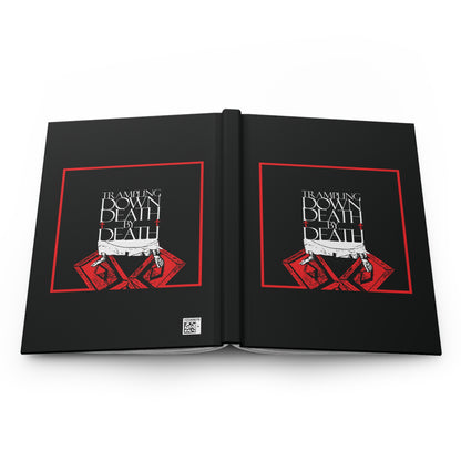 Black journal featuring red and white cover art with “Trampling Down Death By Death” in bold, showcasing iconographic Jesus’ feet on the Gates of Hades. Orthodox Christian Pascha Resurrection blank journal.
