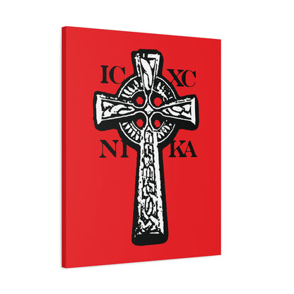 The ICXC NIKA Celtic Knotwork Cross features black and white design on a red background, with Greek letters for "Jesus Christ Conquers"—a traditional Orthodox Christian wall art symbolizing faith and victory.