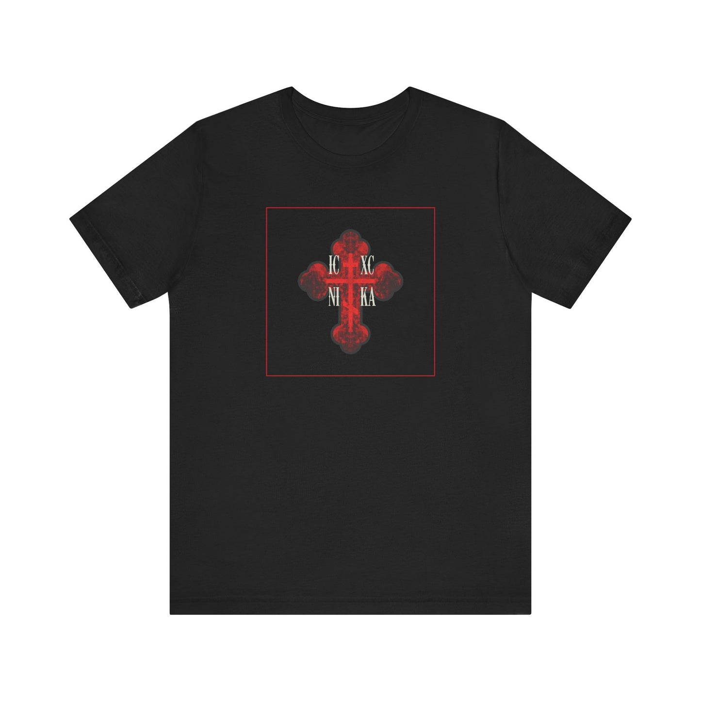 Black ICXC NIKA Red Glowing Ornate Textured Orthodox Cross tee—Christian unisex lightweight cotton shirt featuring a red and black Orthodox cross with white Greek letters, the symbol of salvation.