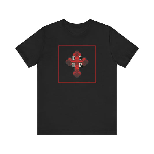 Black ICXC NIKA Red Glowing Ornate Textured Orthodox Cross tee—Christian unisex lightweight cotton shirt featuring a red and black Orthodox cross with white Greek letters, the symbol of salvation.