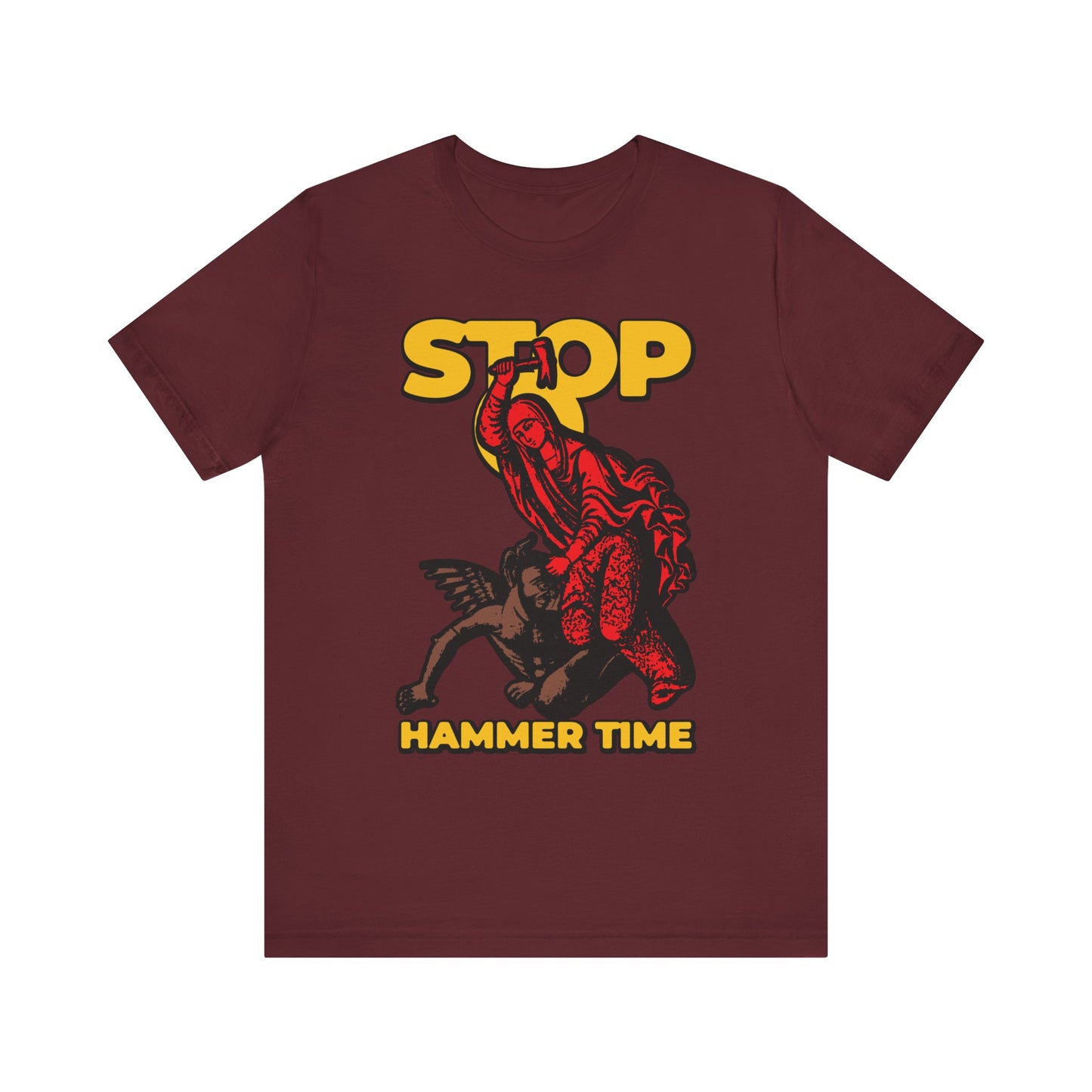 Maroon "St Marina of Antioch Beating Devil with Hammer | Stop, Hammer Time" lightweight cotton unisex T-shirt featuring a bold red, blue, and yellow graphic inspired by the legendary courage of Saint Marina of Antioch, renowned Christian martyr.