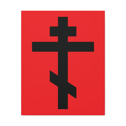 The "Black Orthodox Cross Red Background" canvas features Gal 6:14: "May I never boast, except in the cross of our Lord Jesus Christ," as striking Orthodox art.
